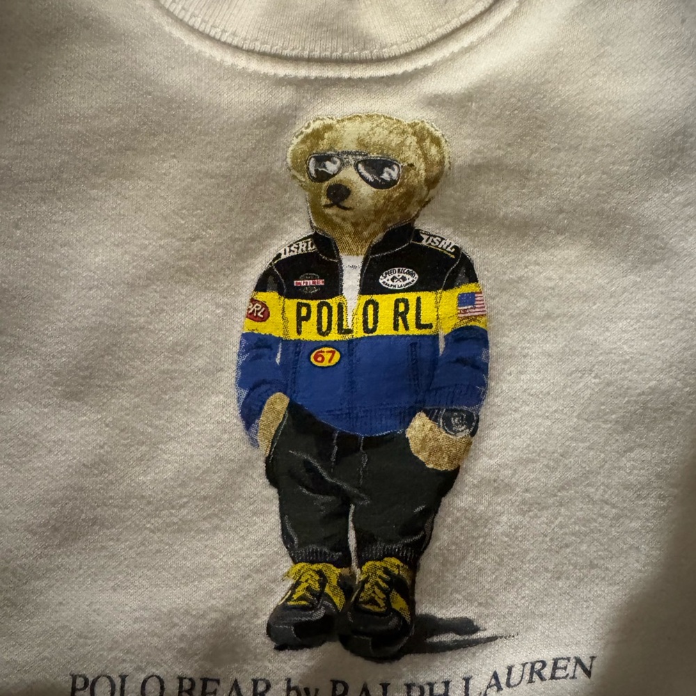 Ralph Lauren Polo Bear Graphic Sweatshirt in White with Blue, Yellow, Black